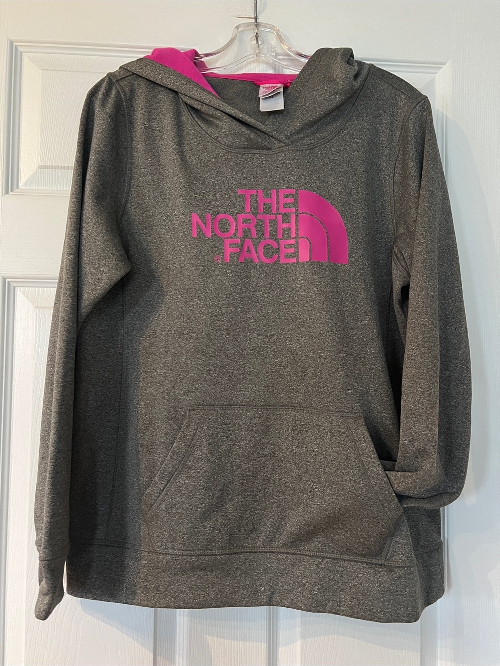 The North Face Charcoal Hoodie with Hot Pink Logo